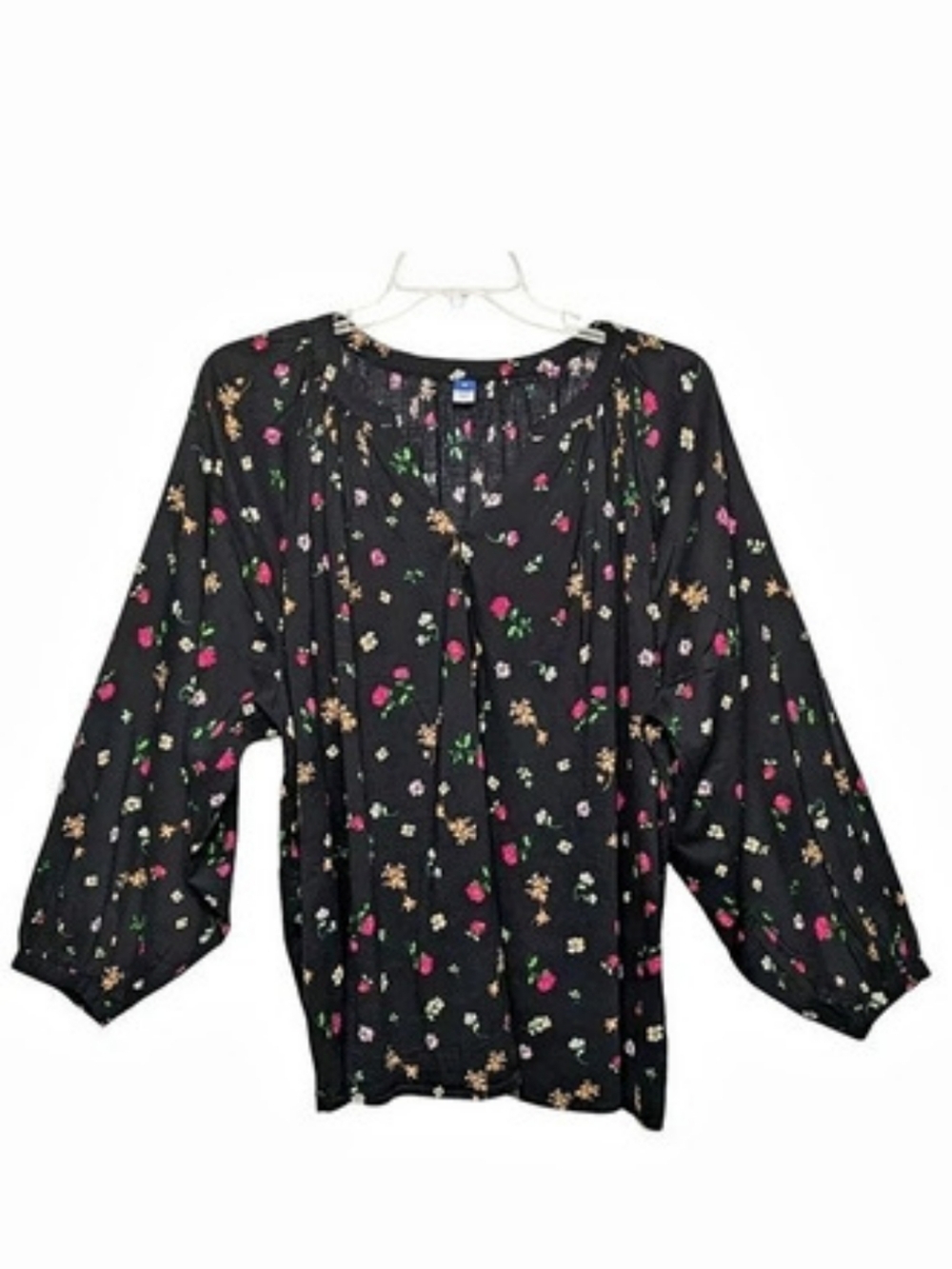 Old Navy Long-Sleeve Floral Top Blouse Black & Pink 3X